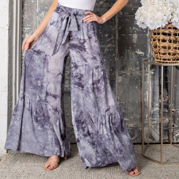 Eesome Smoky Purple Gray High Waist Tiered Flared Tie Dye Wide Leg Palazzo Pants - Picture 6 of 15